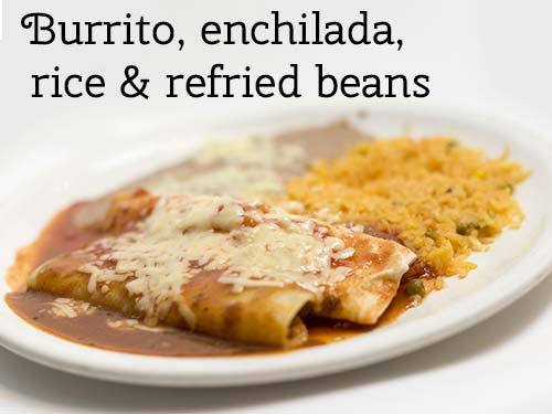 Burrito, enchilada, rice & refried beans